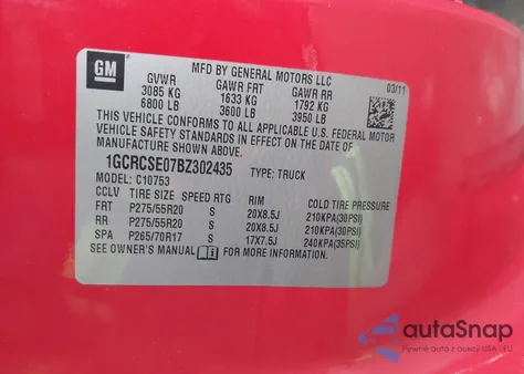 2011 Chevrolet Silverado 1500 Lt z USA, uszkodzony, nr VIN 1GCRCSE07BZ302435